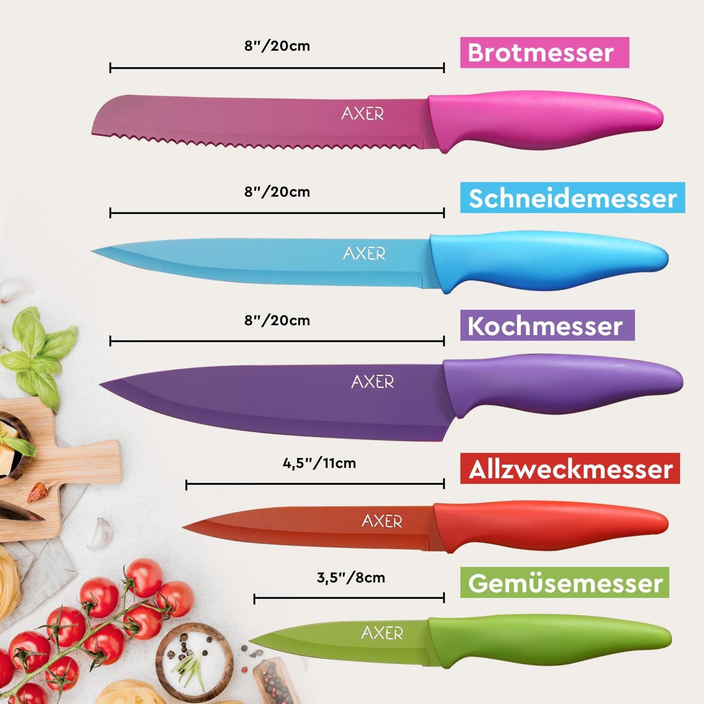 5-teiliges Küchenmesserset, Bunt 5 set