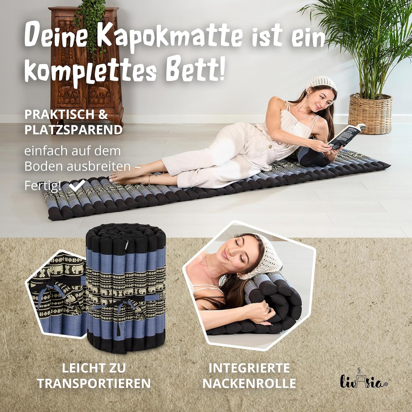 Rollmatte Rollmatratze für Gäste und Outdoor (200x50x4,5cm), S (200 x 50 cm) Blau/Elefanten