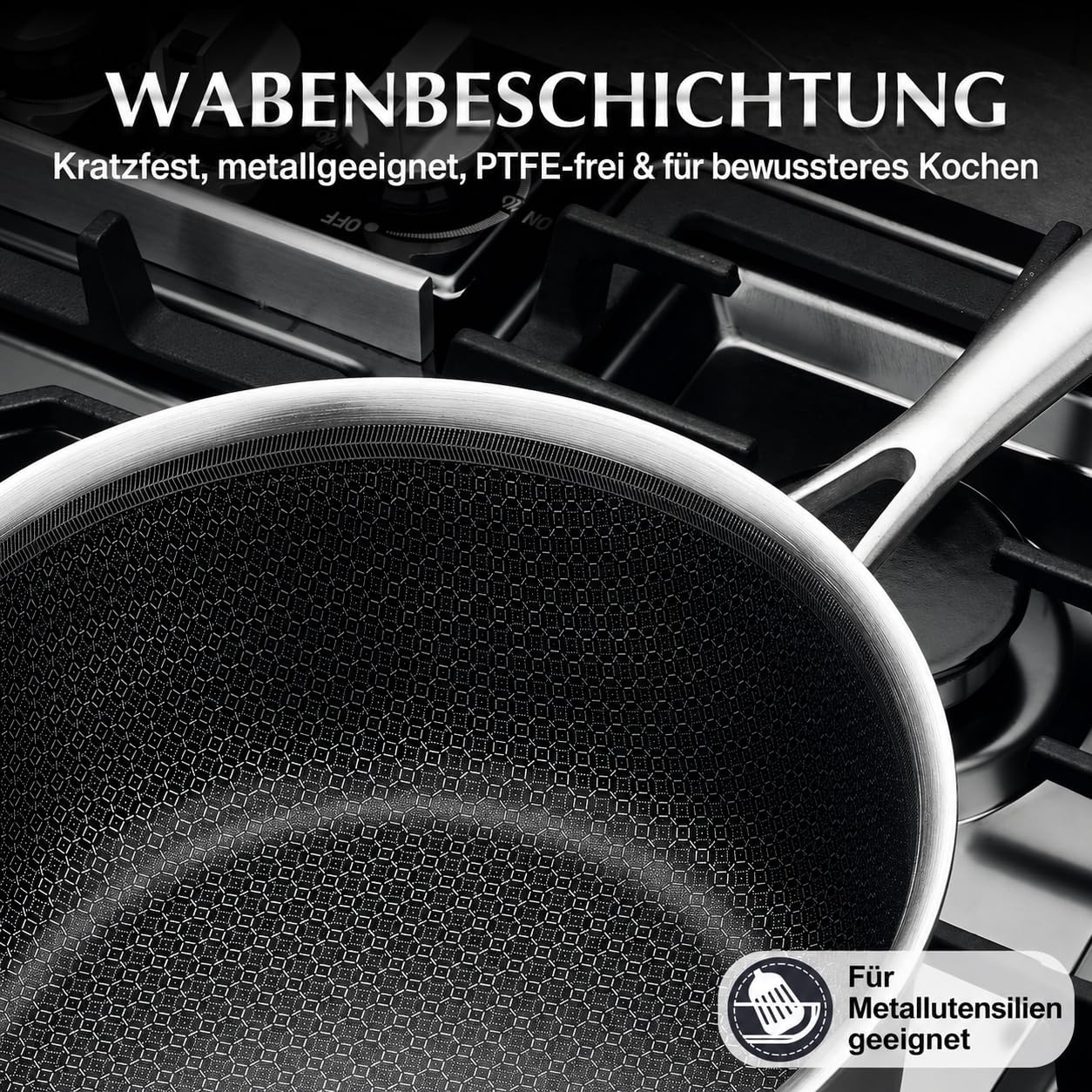 Edelstahl-Topfset mit Hybrid-Antihaftbeschichtung (6-teilig), 18cm+20cm+26cm