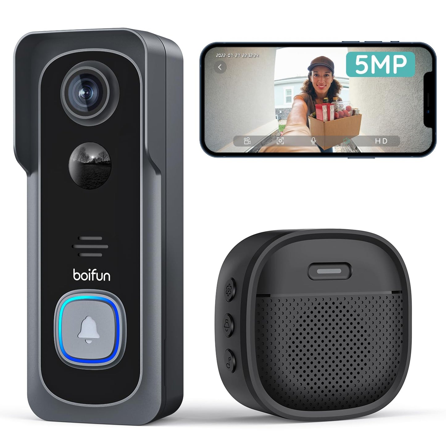 J1X Video Türklingel mit Kamera & Alexa, 2.5k 5mp Video Türklingel Graue