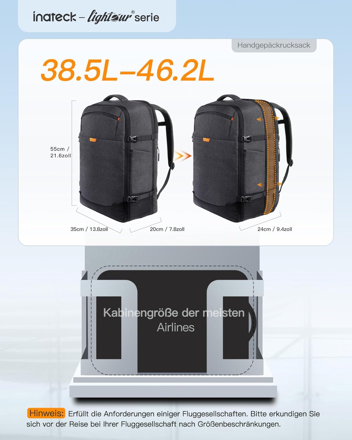 Erweiterbarer Reiserucksack für Handgepäck, Schwarz 46.2 L