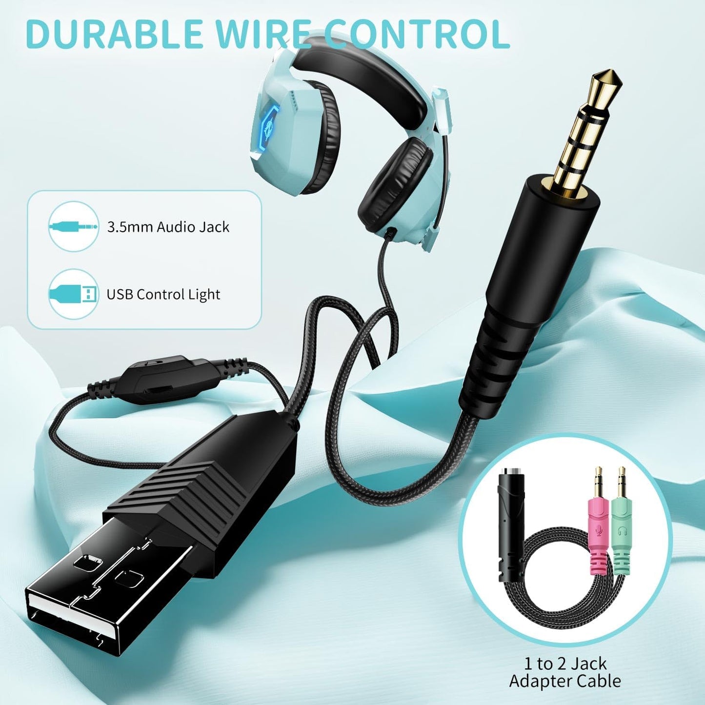 Gaming Headset mit Mikrofon und 3D Surround Sound, hellblau