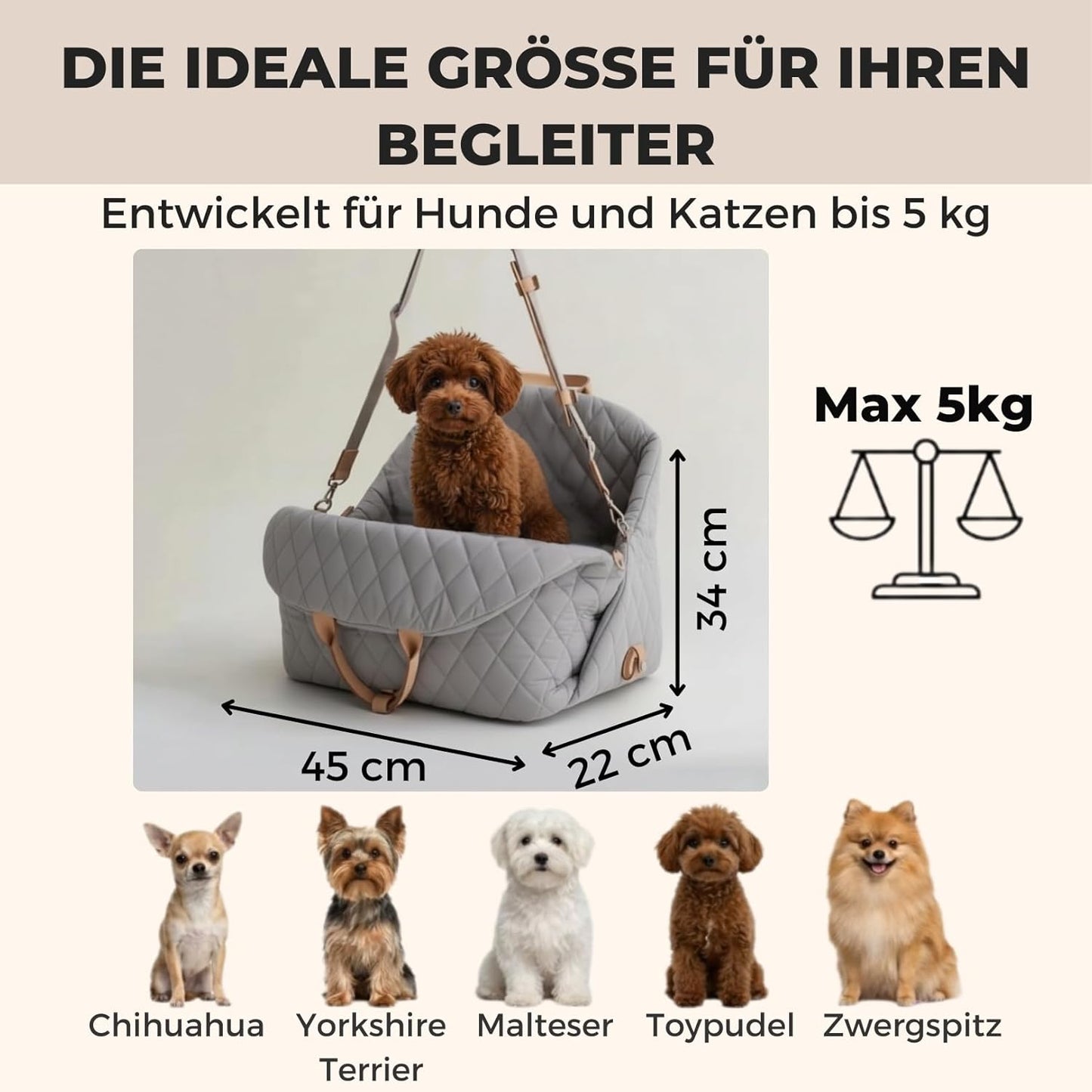 Hundetransporttasche mit Sicherheitsleine, Grau