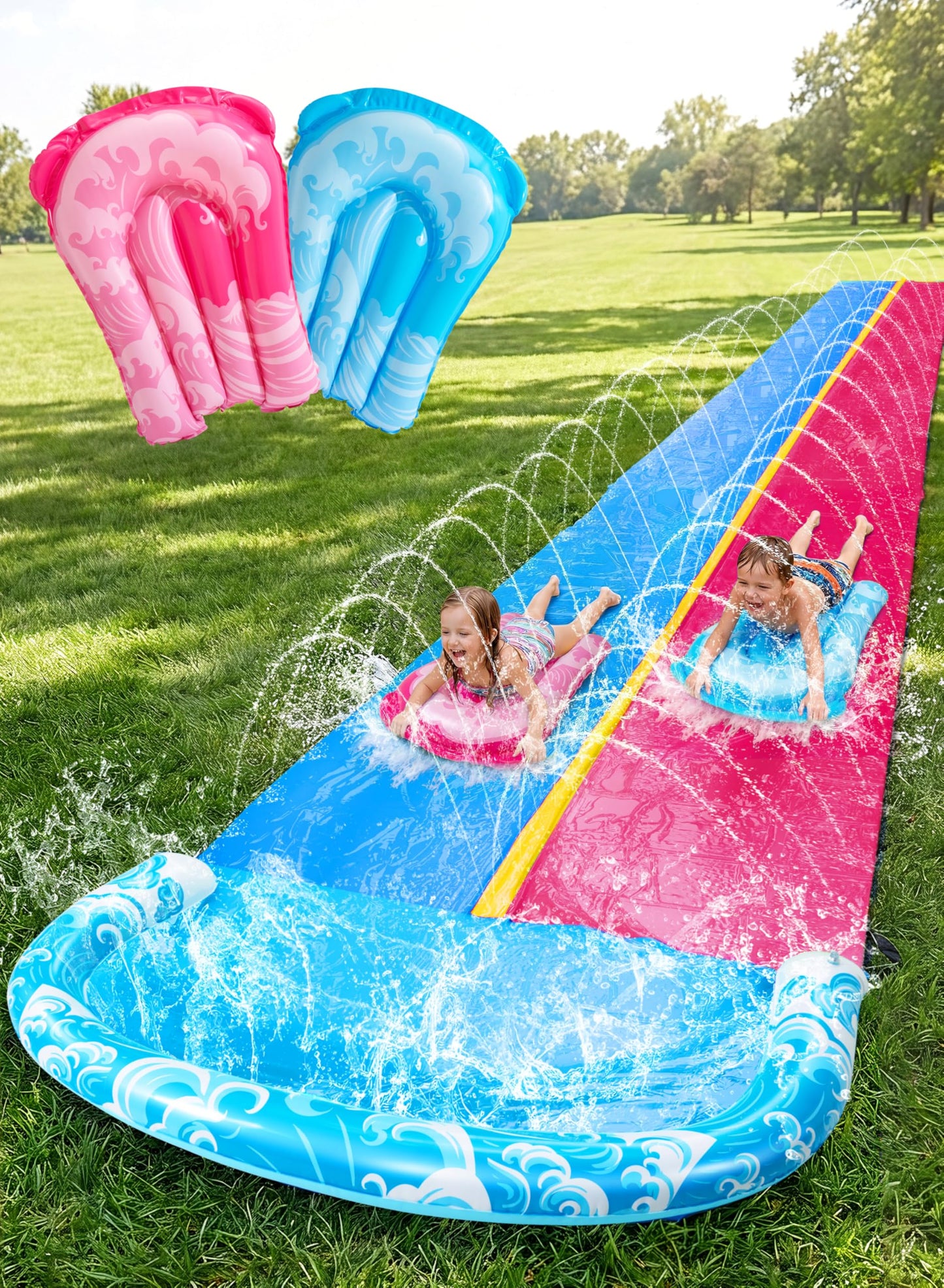 Extra lange Doppel-Wasserrutsche mit Sprinkler (32,5ft), 990.6cm Blau, Rosa