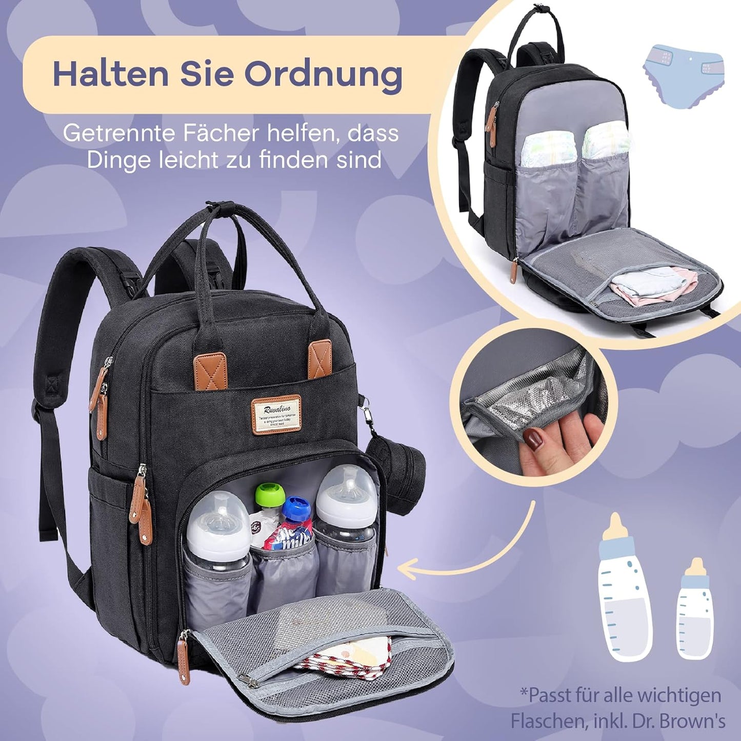 Baby Wickelrucksack mit Wickelauflage und Kinderwagengurten, Schwarz
