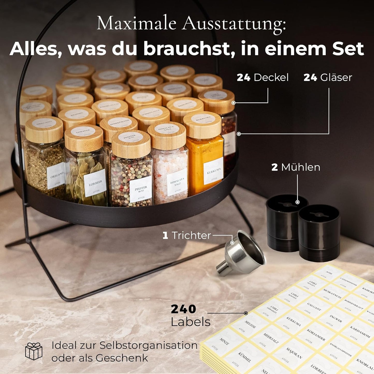 Gewürzgläser-Set mit Bambusdeckel und Mühlen, Bambus + 2 Mühlen