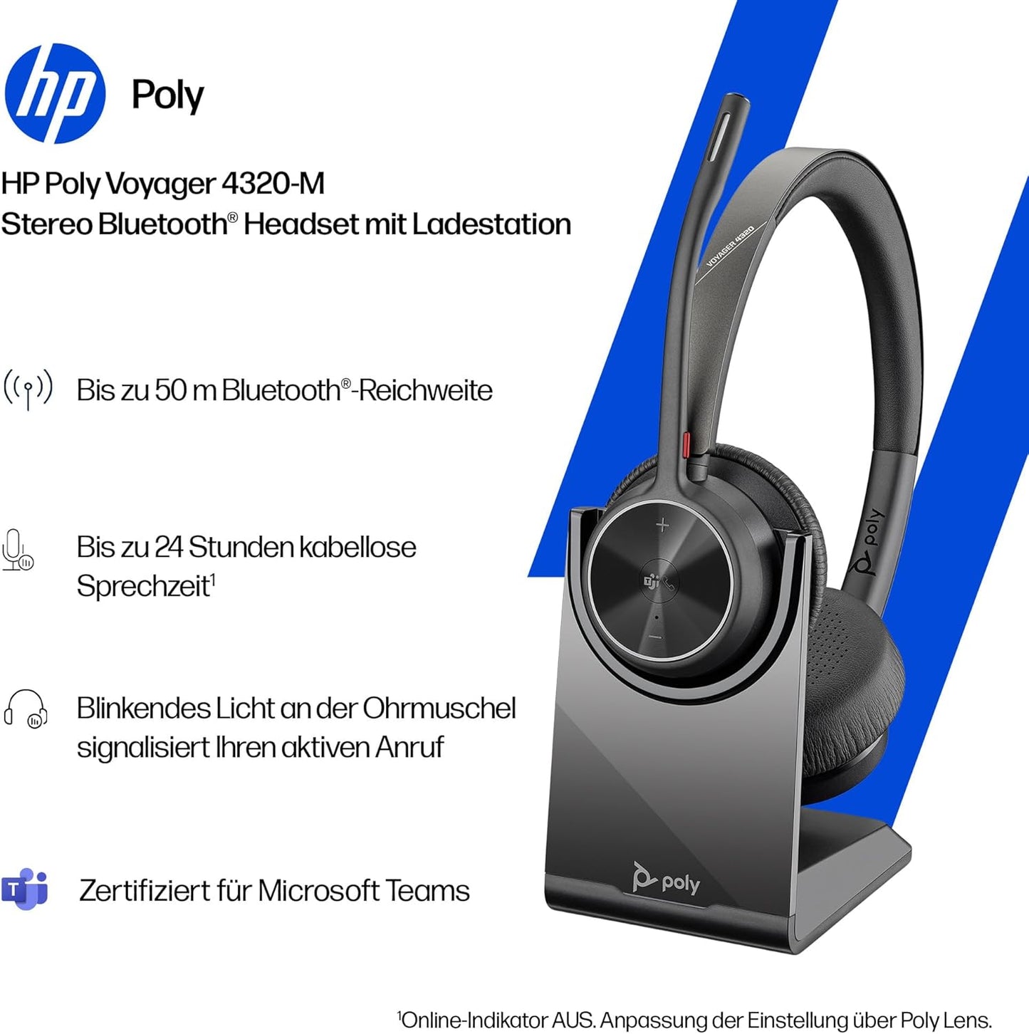 Poly Voyager 4320 UC-Headset, Teams certified 2024 Version (USB-C & USB-A)