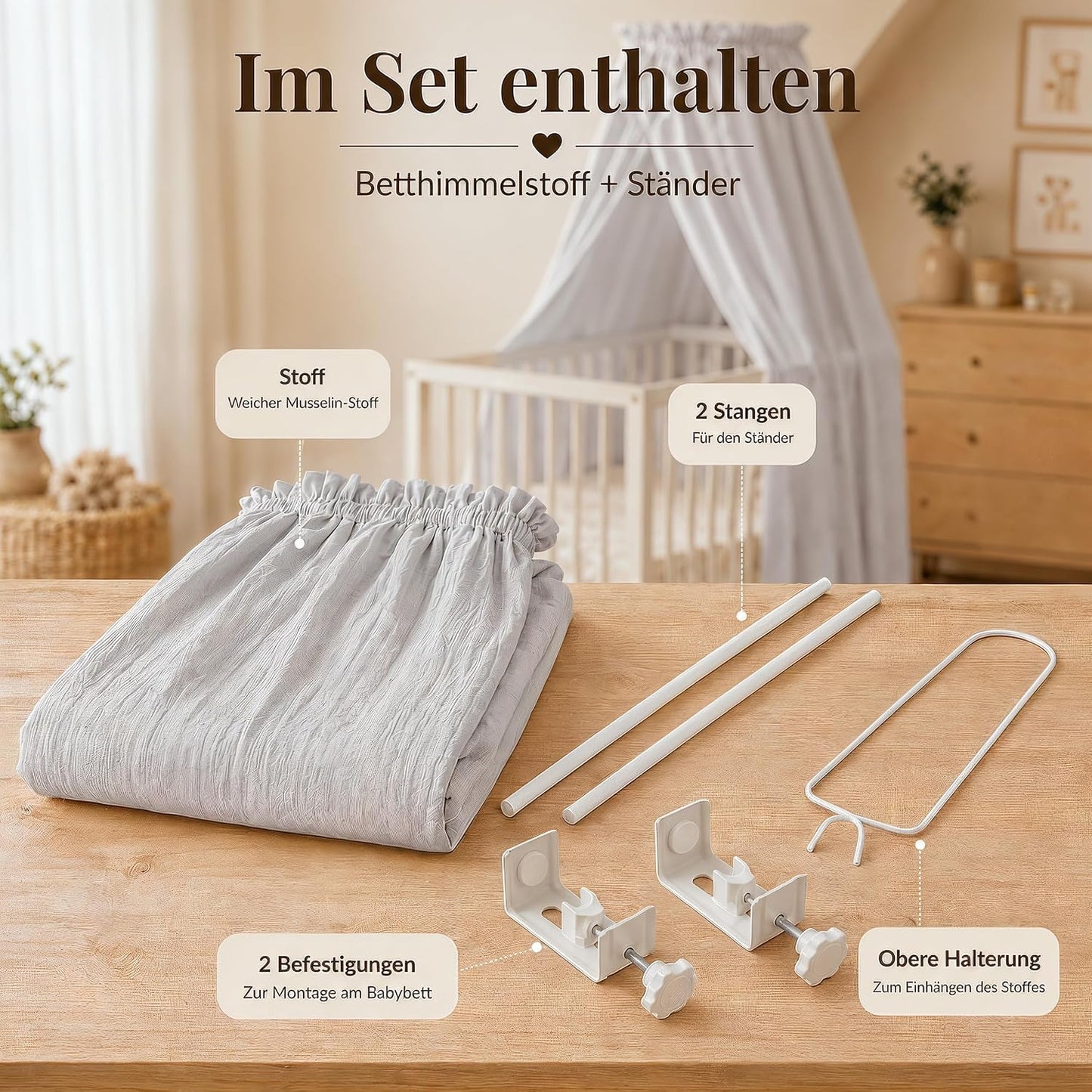 Betthimmel-Set für Babybett, montierbarer Ständer + Stoff hellgrey