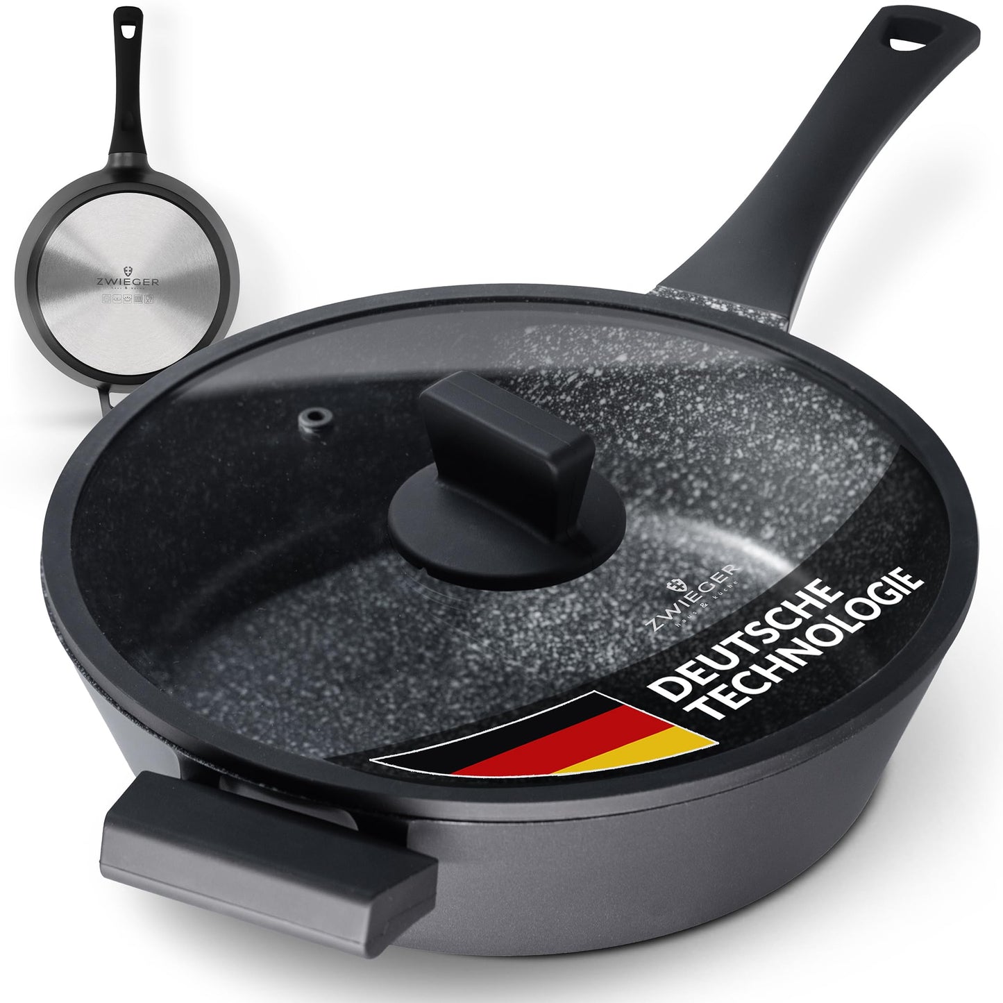 Schmorpfanne 28 cm, Schwarz/Granit 28 cm tief + Deckel