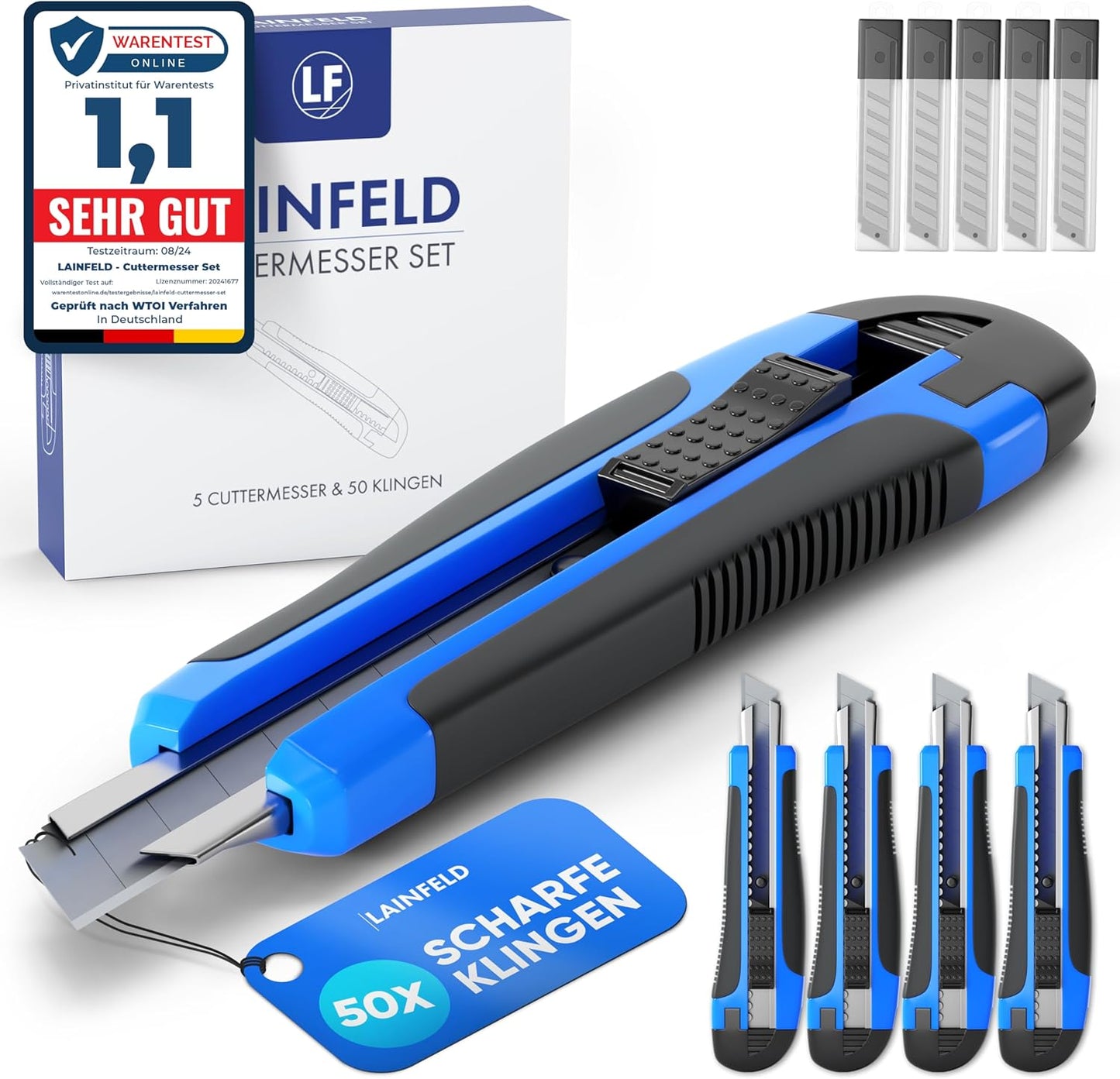5 Teppichmesser mit 50 Klingen, 5 Messer + 50 Klingen
