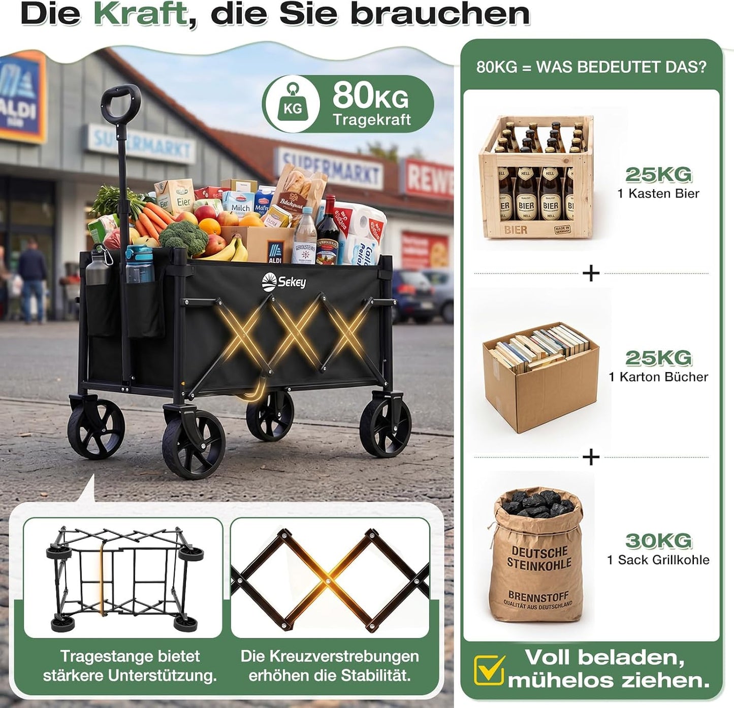 Faltbarer Bollerwagen mit verstellbarem Griff, Schwarz 60L