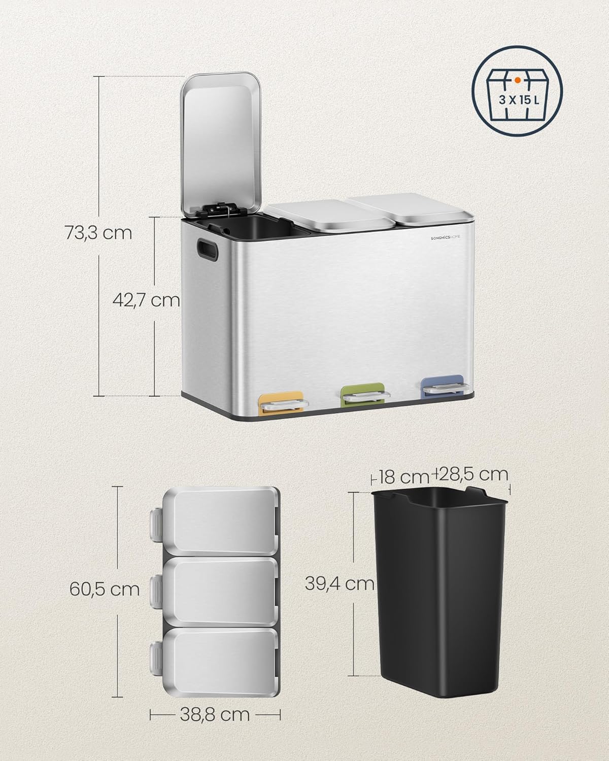 Mülleimer mit 3-Fach Mülltrennsystem, metallicsilber