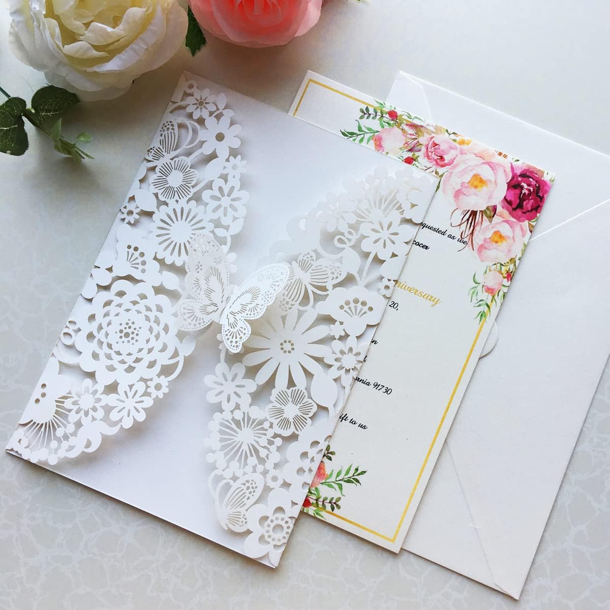 Hochzeit Einladungskarten mit Schmetterling, Spitze und Umschlägen, 20 Stück Leeres Papier Elfenbein