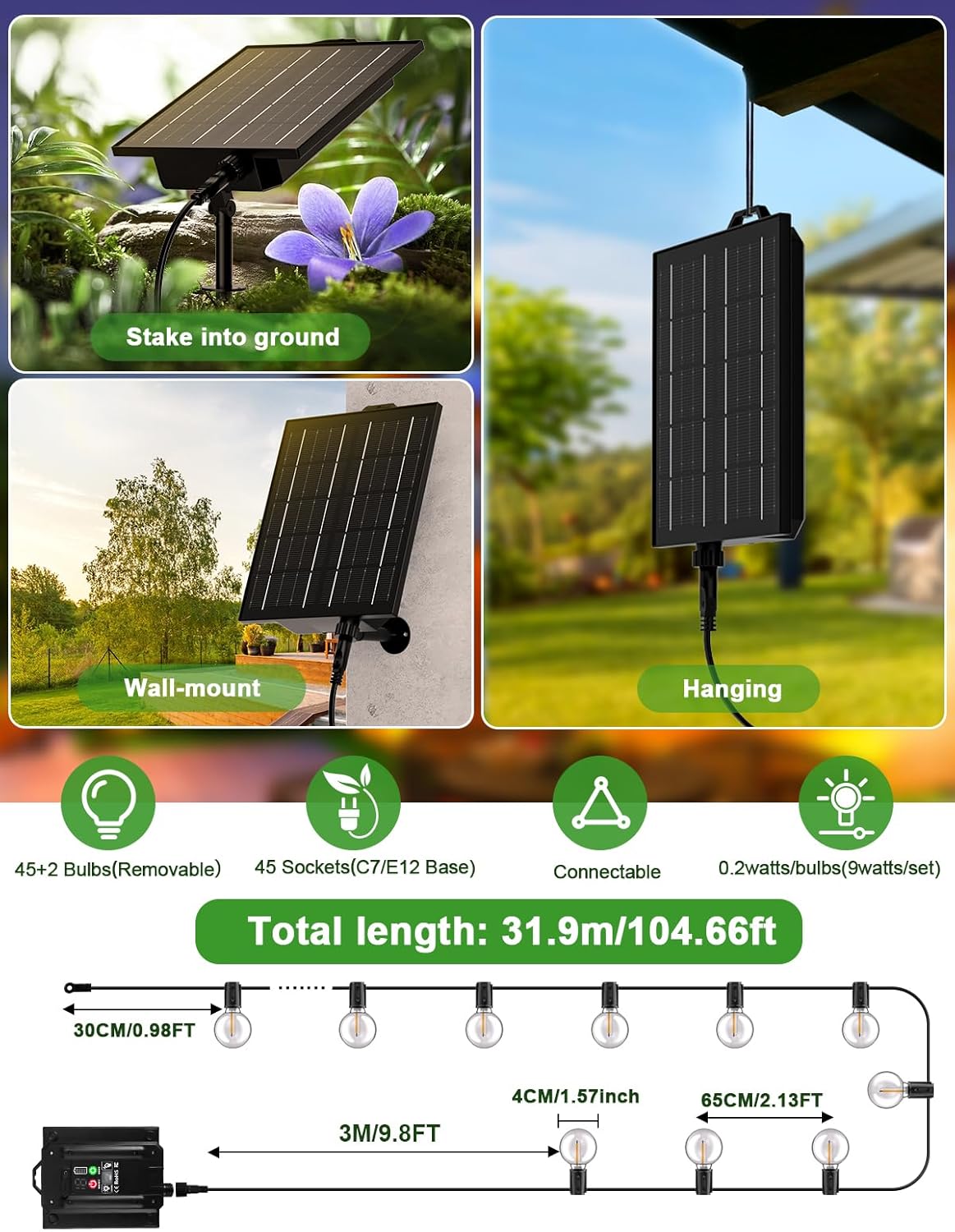 Solar LED Lichterkette, 8 Modi, Wasserdicht, 31.9M/104.66FT - Solar