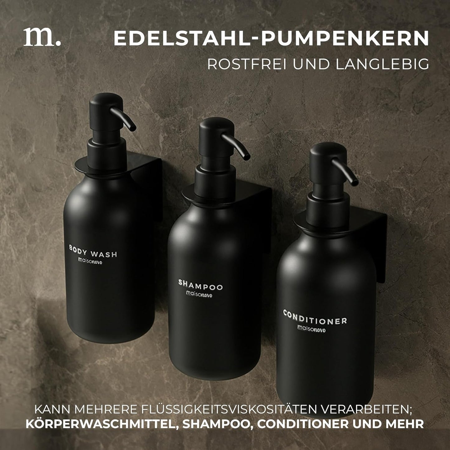 3er Set Shampooflaschen zum Befüllen mit Wandhalterung, Schwarz 3er Set