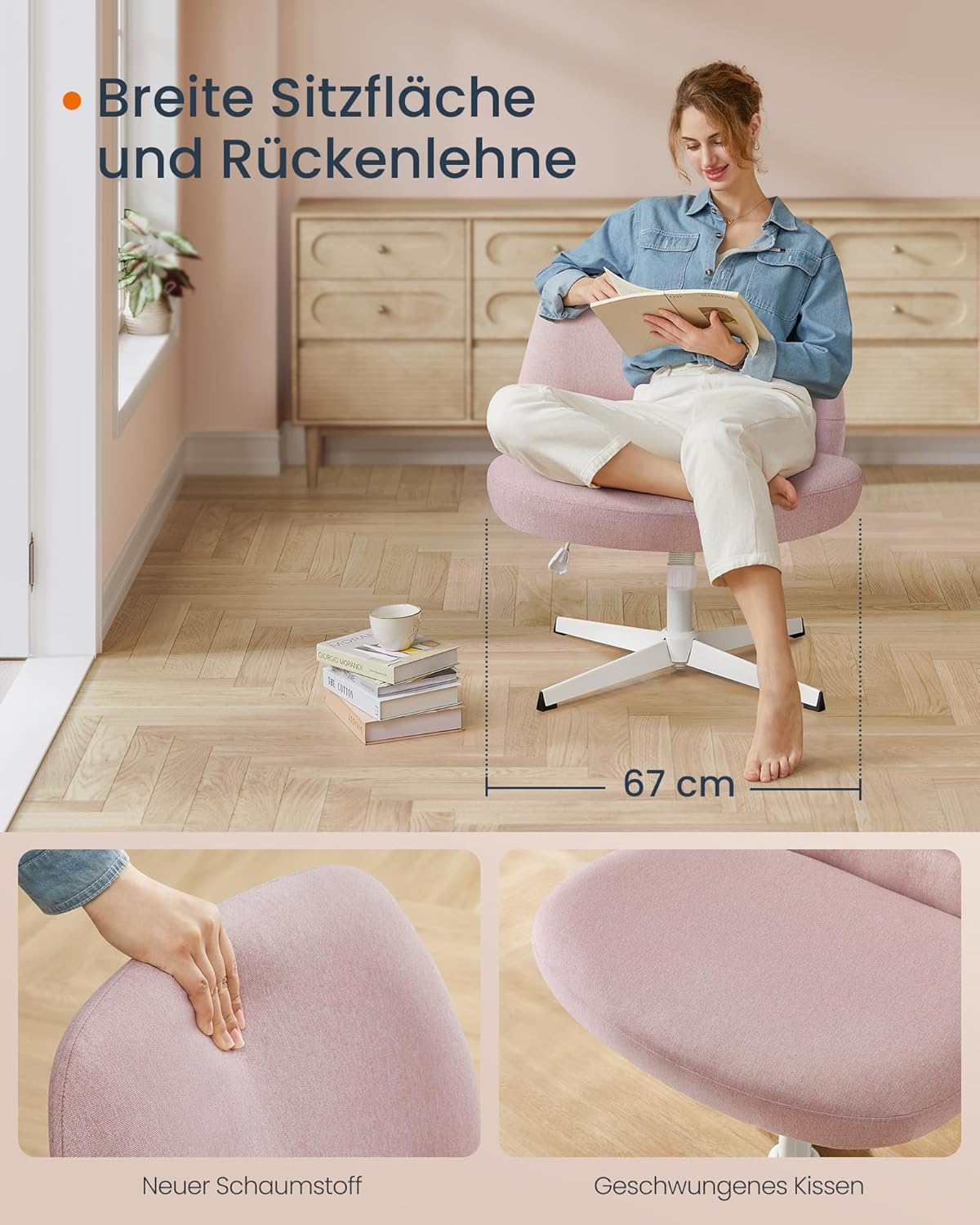 Höhenverstellbarer Schneidersitz-Schreibtischstuhl, Pastellrosa Ohne Rädern