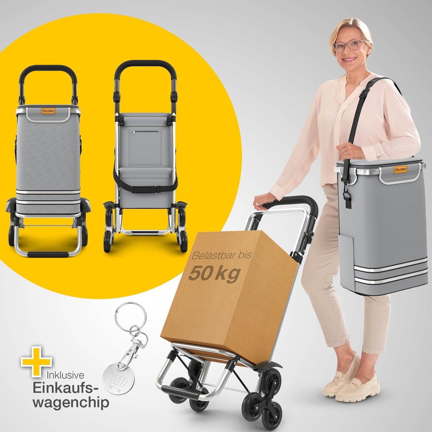 Einkaufstrolley mit Treppensteiger und Kühlfach, Treppensteiger-Trolley Grau