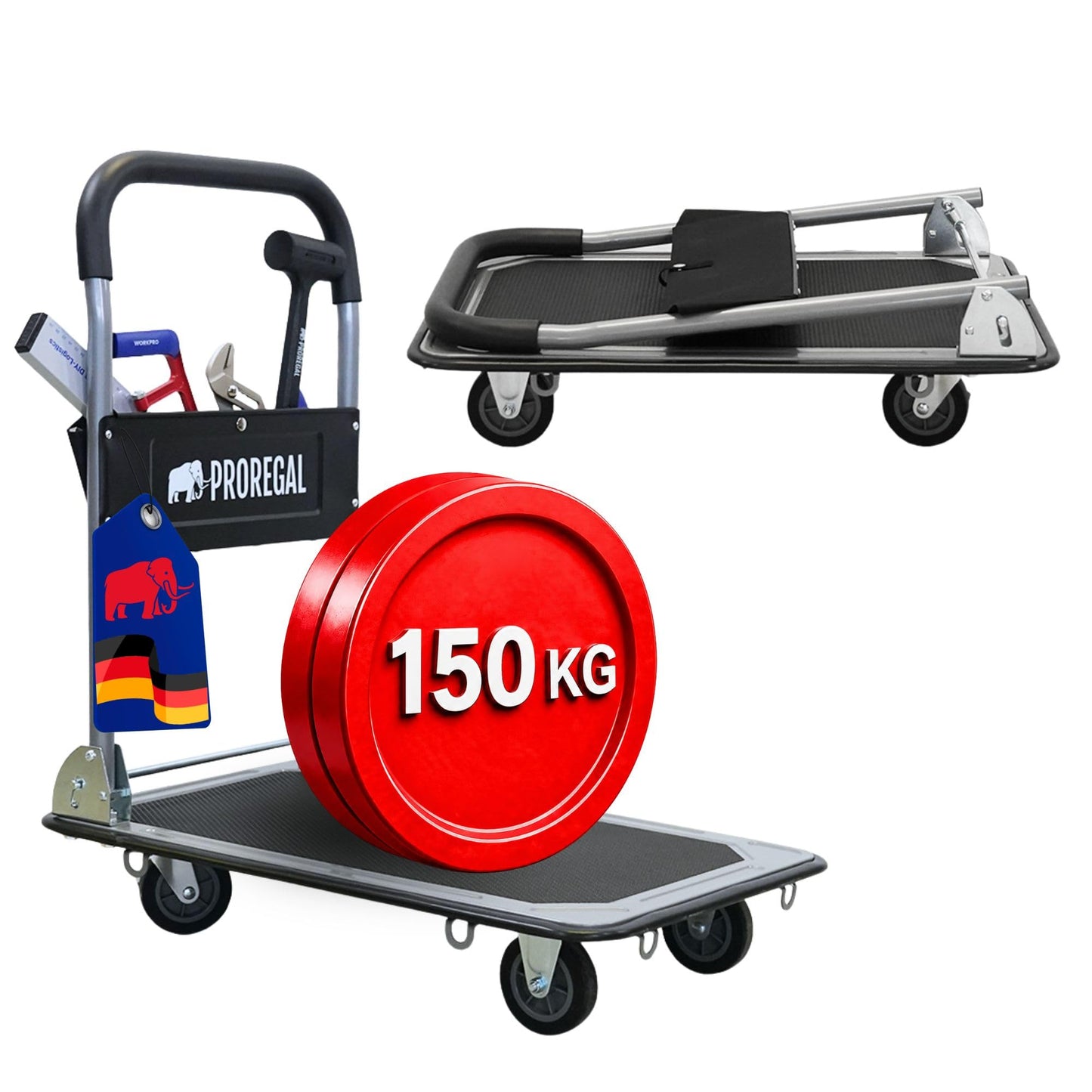 Klappbarer Plattformwagen mit Werkzeugtasche, Traglast 150kg - Vollgummibereifung Schwarz