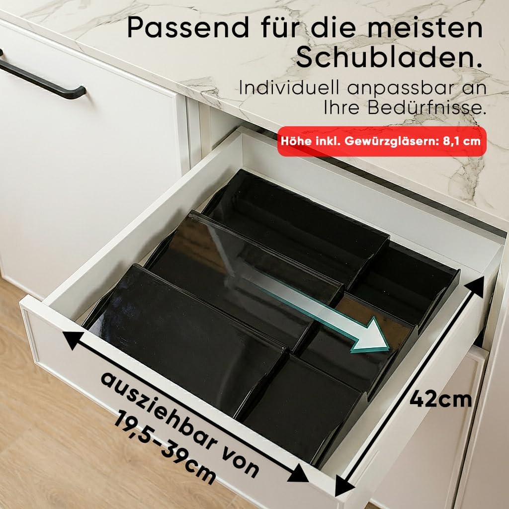 Gewürzgläser-Set mit Schubladeneinsatz, 24 Stk, ausziehbar, Schwarz, Deckel Edelstahl