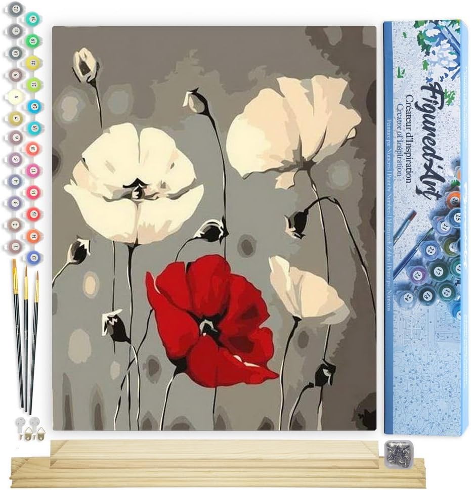 Malen nach Zahlen Set: Rote und weisse Blumen, mit Keilrahmen, 40x50cm, Rote und weiße Blumen 40x50cm Mit Keilrahmen (nicht gespannt)