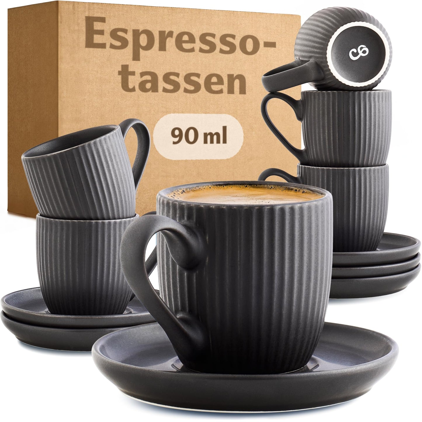 6er-Set Espressotassen mit Untertassen, Schwarz Espresso 90 ml