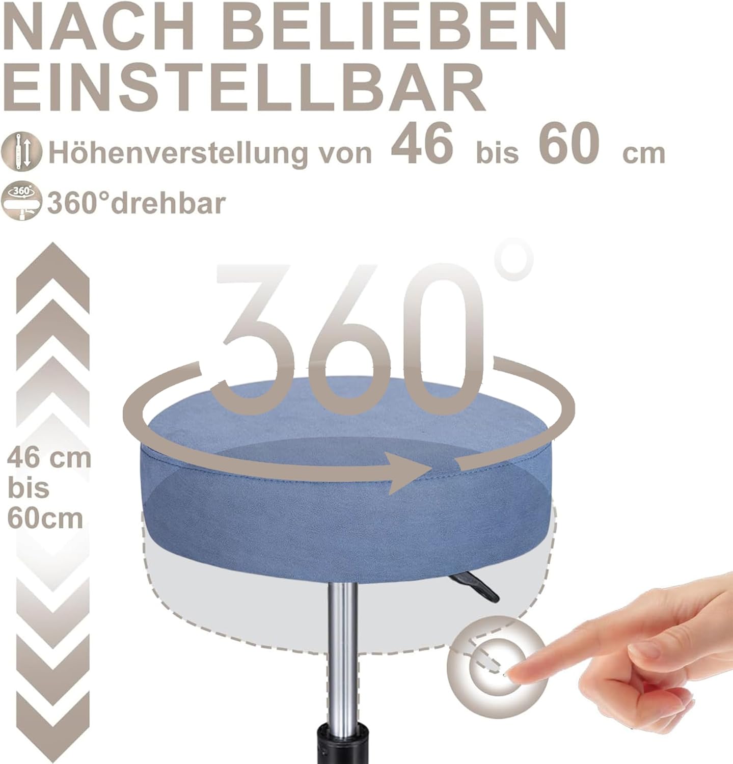 Höhenverstellbarer Rollhocker mit Gummirollen, 360° drehbar, Nordisches Blau