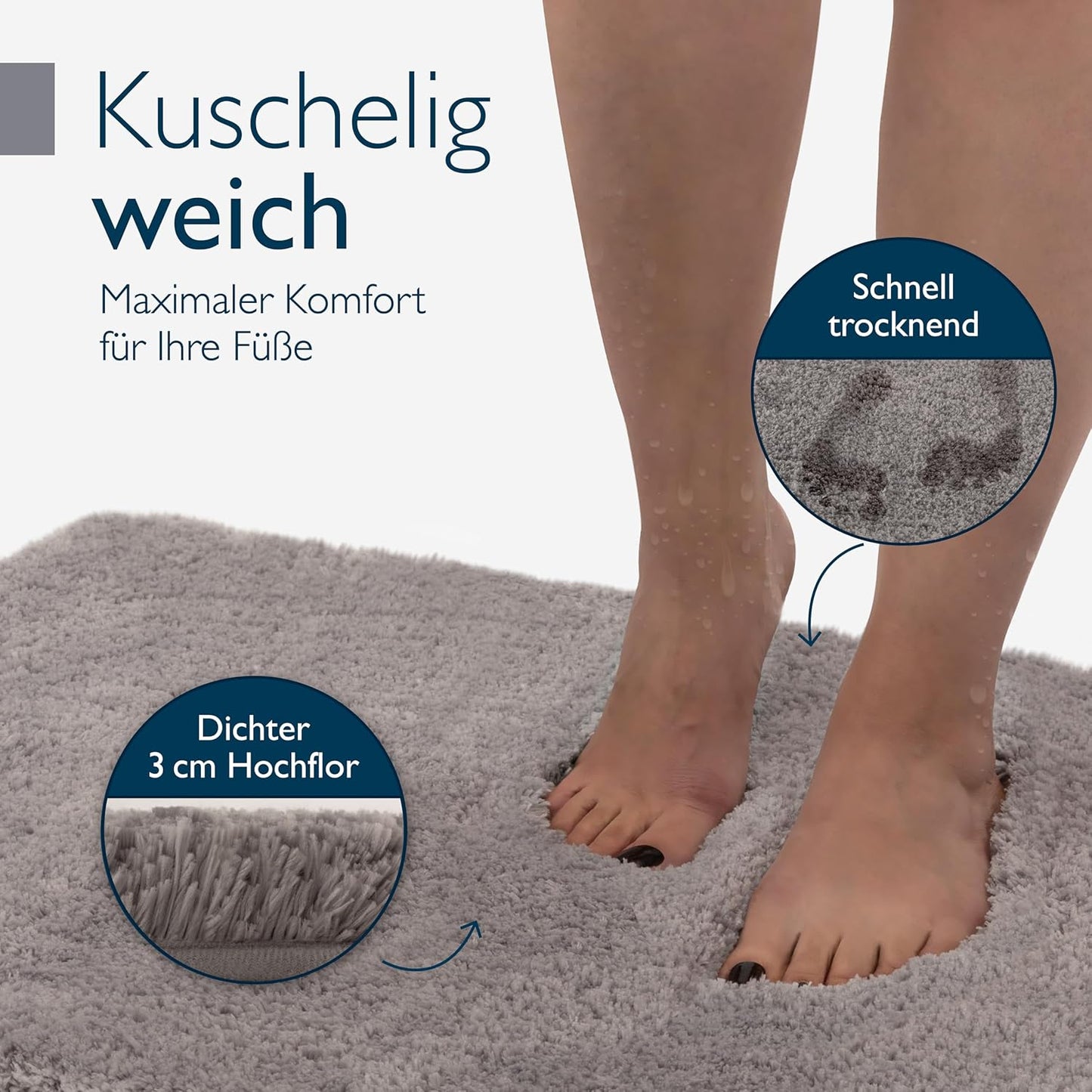 Rutschfeste Hochflor-Badematte, 60 x 100 cm Hellgrau