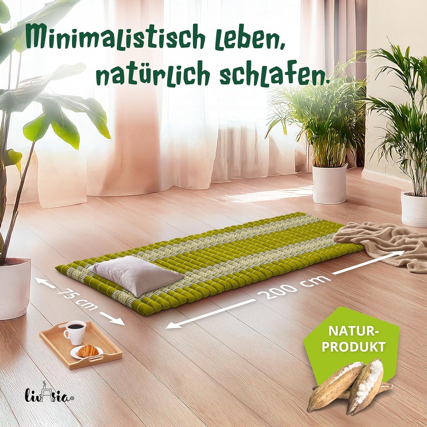 Rollmatratze Thaimatte Gästebett (200x75x4,5 cm), M (200 x 75 cm) Grün