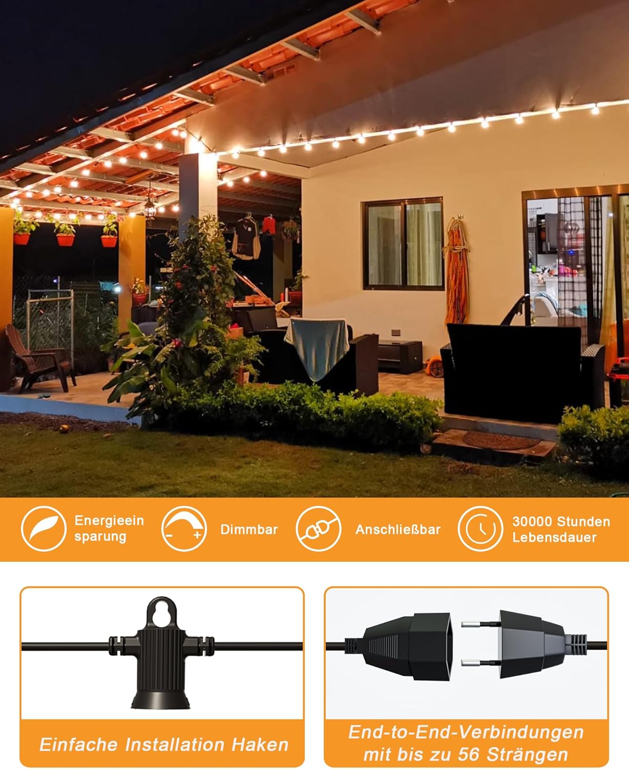 Erweiterbare LED Lichterkette mit 15 Glühbirnen, Strom-7.6M