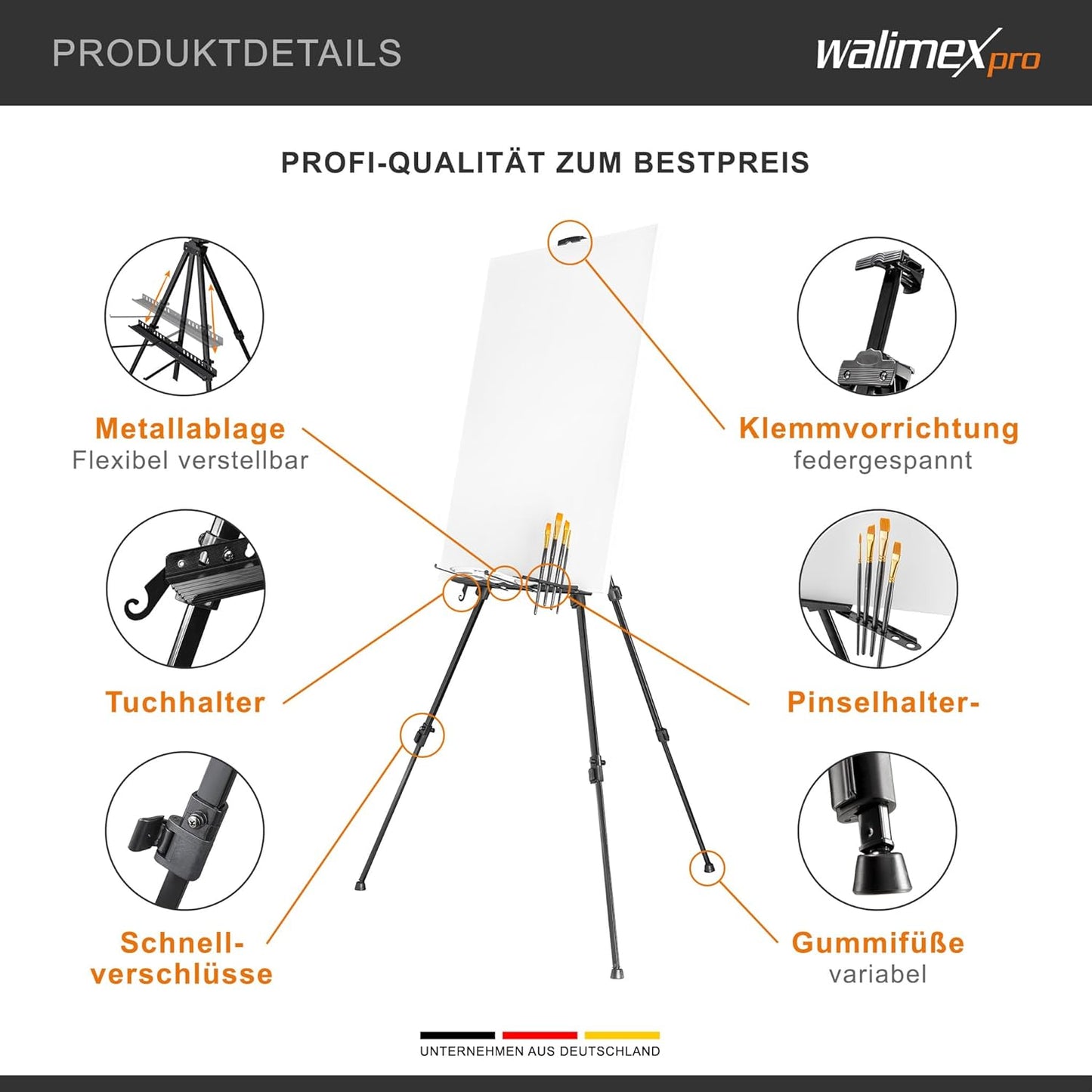Leinwandstaffelei aus Aluminium (50-165 cm) inkl. Tasche, schwarz L (max 165 cm), Single