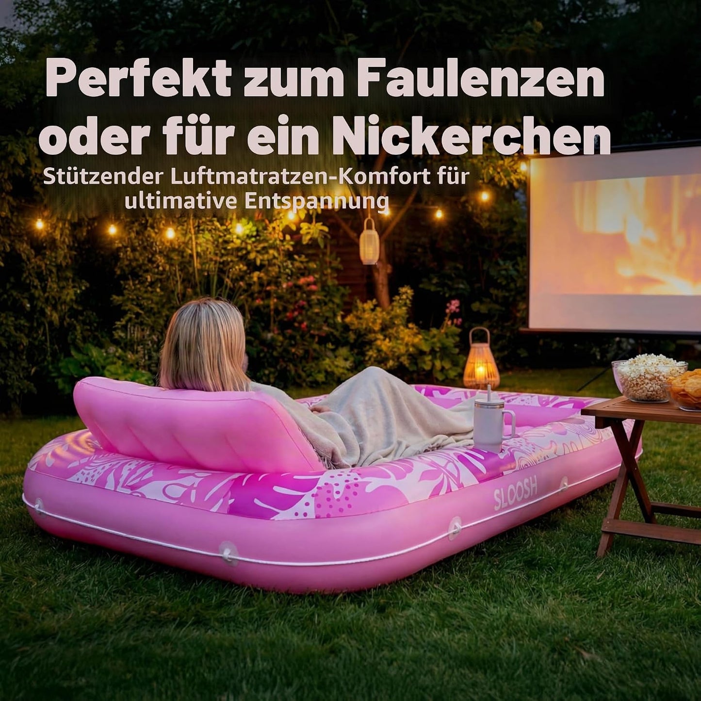 Aufblasbarer 4-in-1 Sonnenliegepool mit Kissen und Getränkehalter, Rosa L