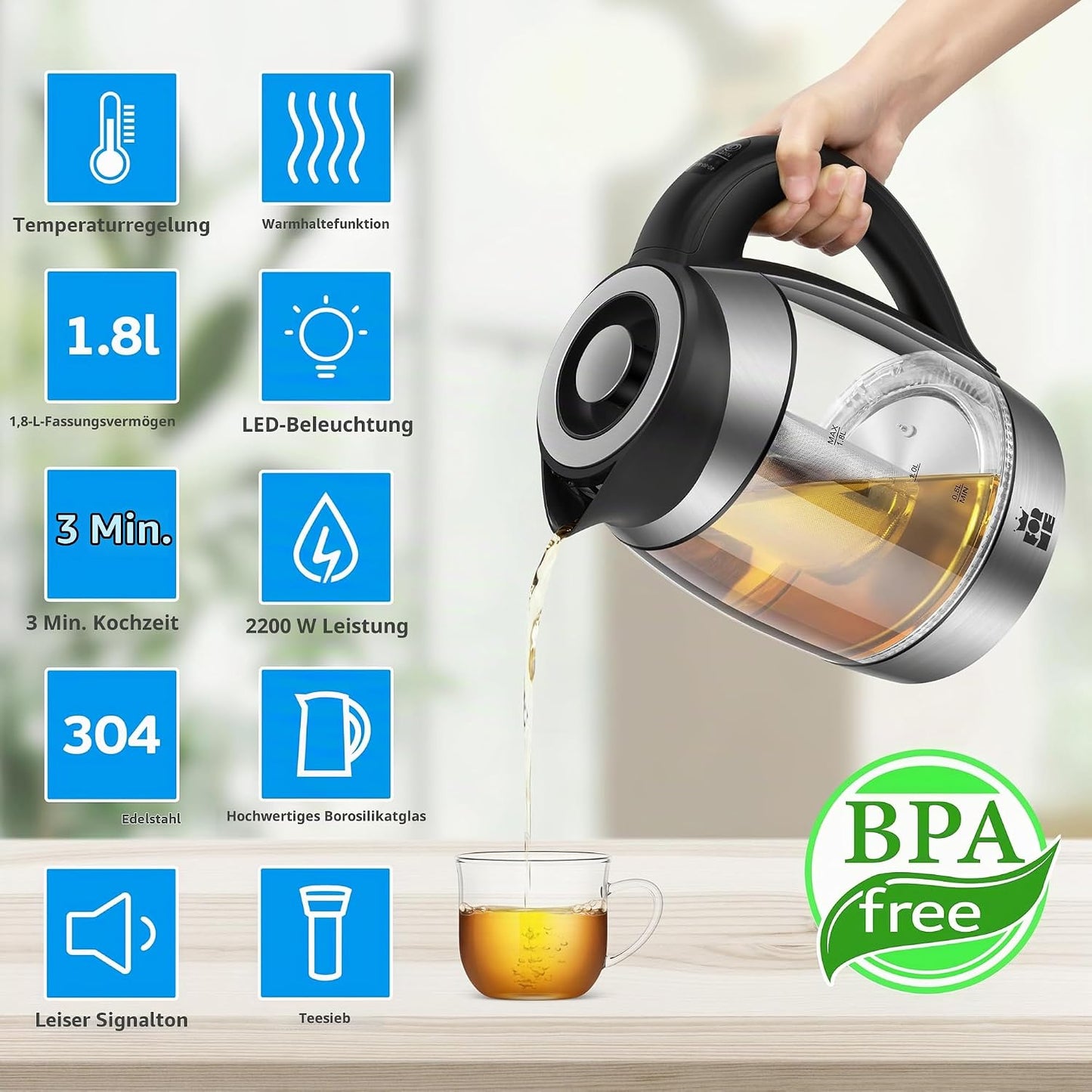 Elektrischer Wasserkocher mit Teesieb, Schwarz 488