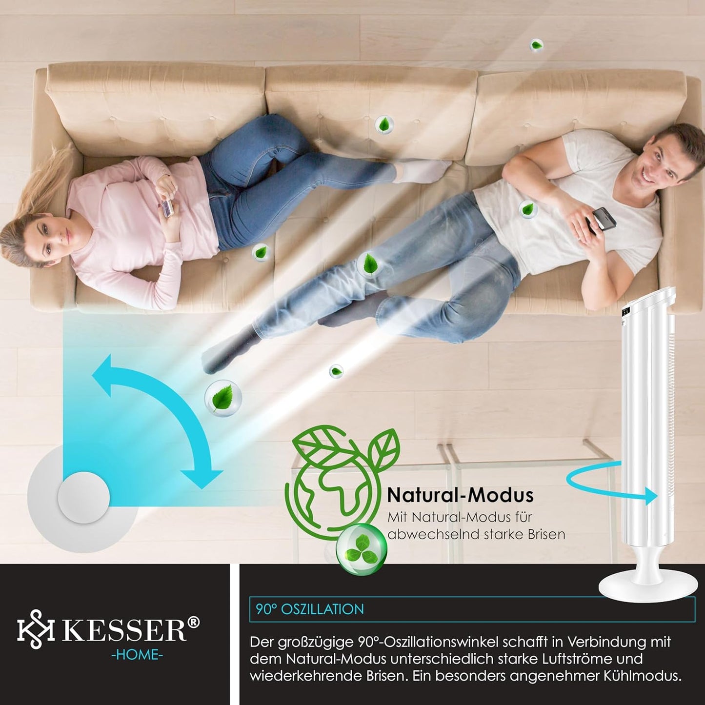 Turmventilator mit Timer und Fernbedienung, Weiss