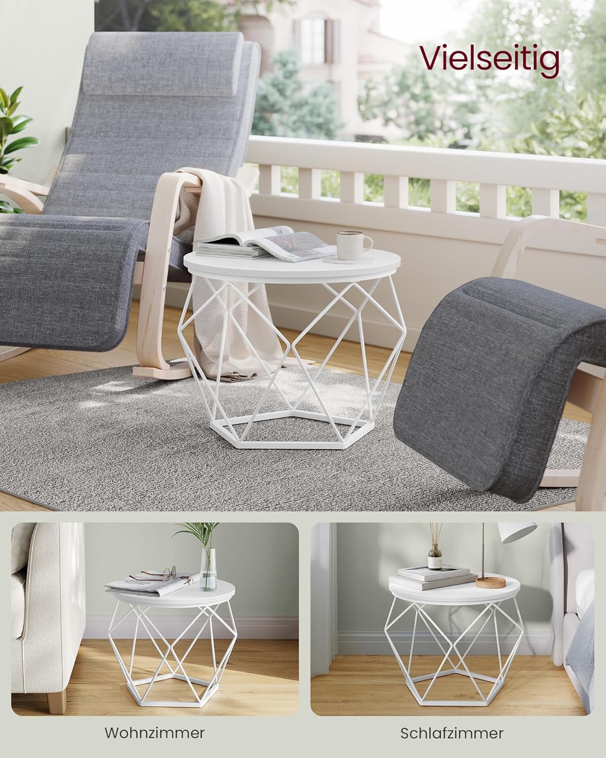 Runder Couchtisch im 2er-Set mit abnehmbarer Platte, (50 Dia. x 40H) cm + (40 Dia. x 36H) cm Schneeweiss + Wolkenweiss