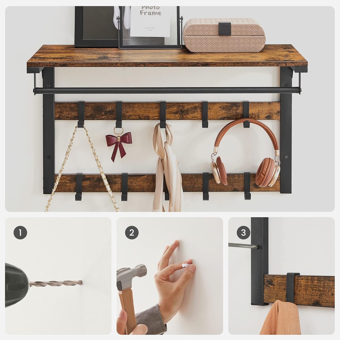 Wandgarderobe mit Schuhbank und Regal im Industrie-Design, 73B cm Vintagebraun + Schwarz
