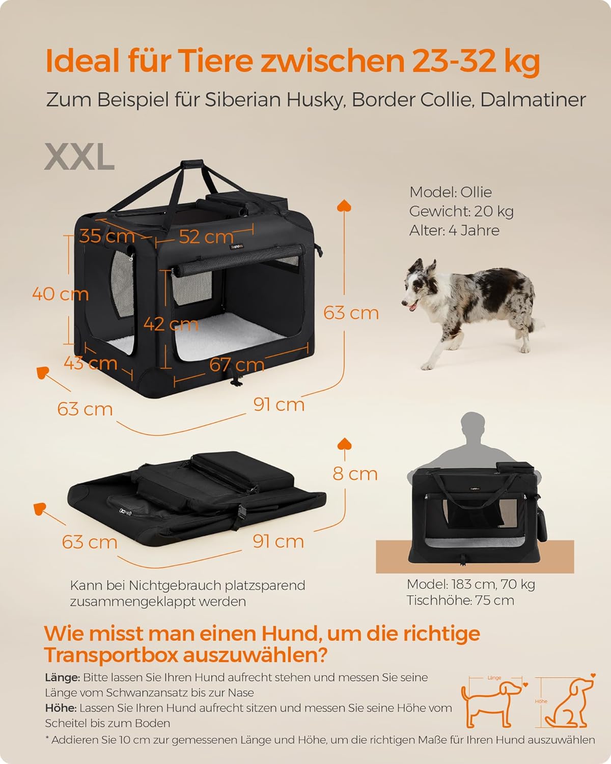 Faltbare Hundetransportbox XXL inkl. 2 Taschen, L 91 x B 63 x H 63 cm Schwarz