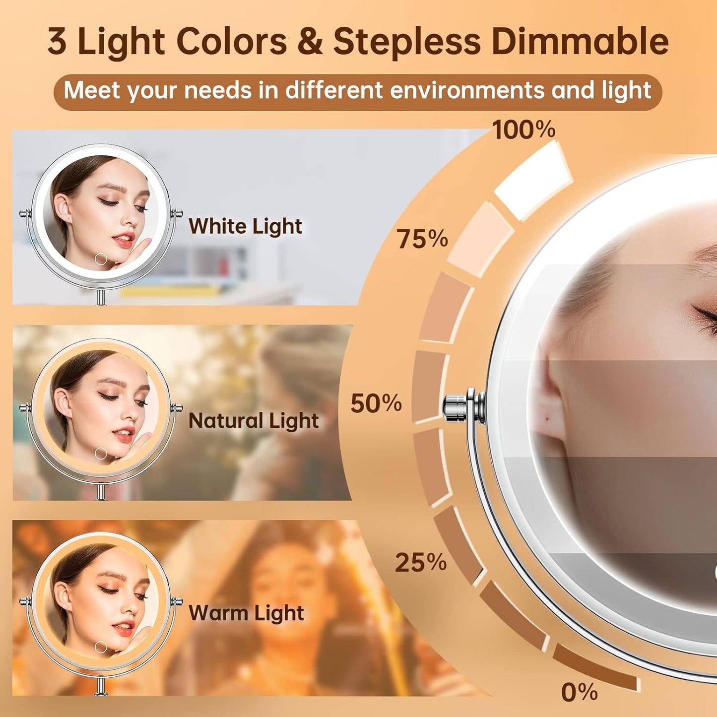 Wiederaufladbarer Schminkspiegel mit LED-Licht und Vergrösserung, Chrom