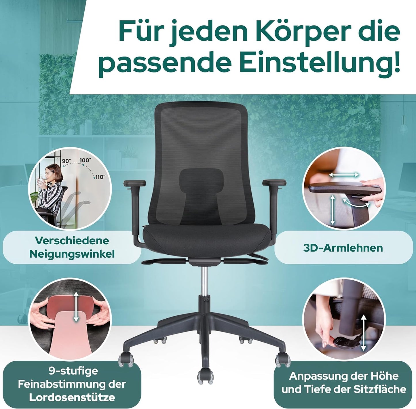 Ergonomischer Bürostuhl mit 3D Armlehnen & Lordosenstütze, Ohne Kopfstütze Schwarz / Rot