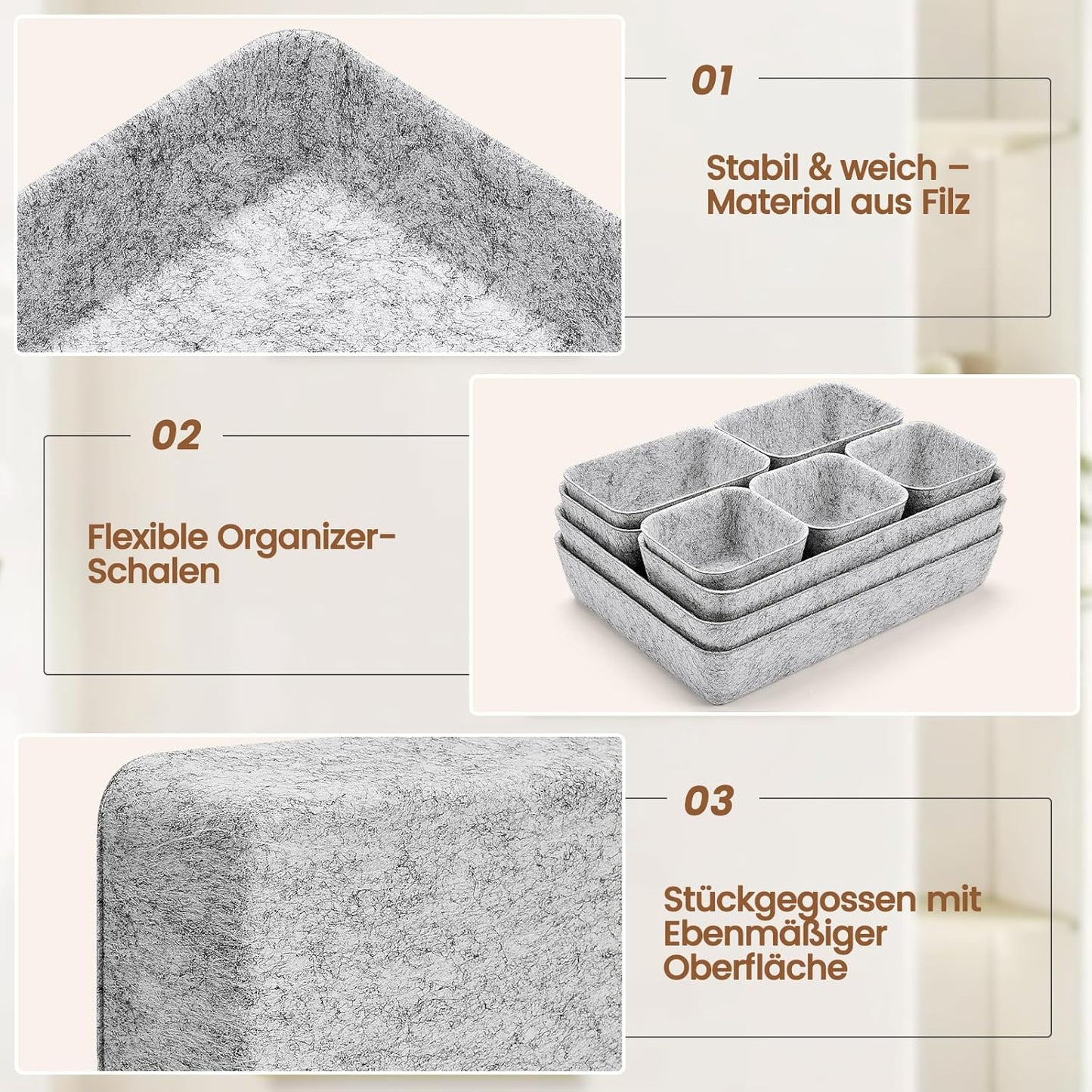 Schubladen Organizer Filz-Set (9 Stück), 9 Stück-Grau Grau