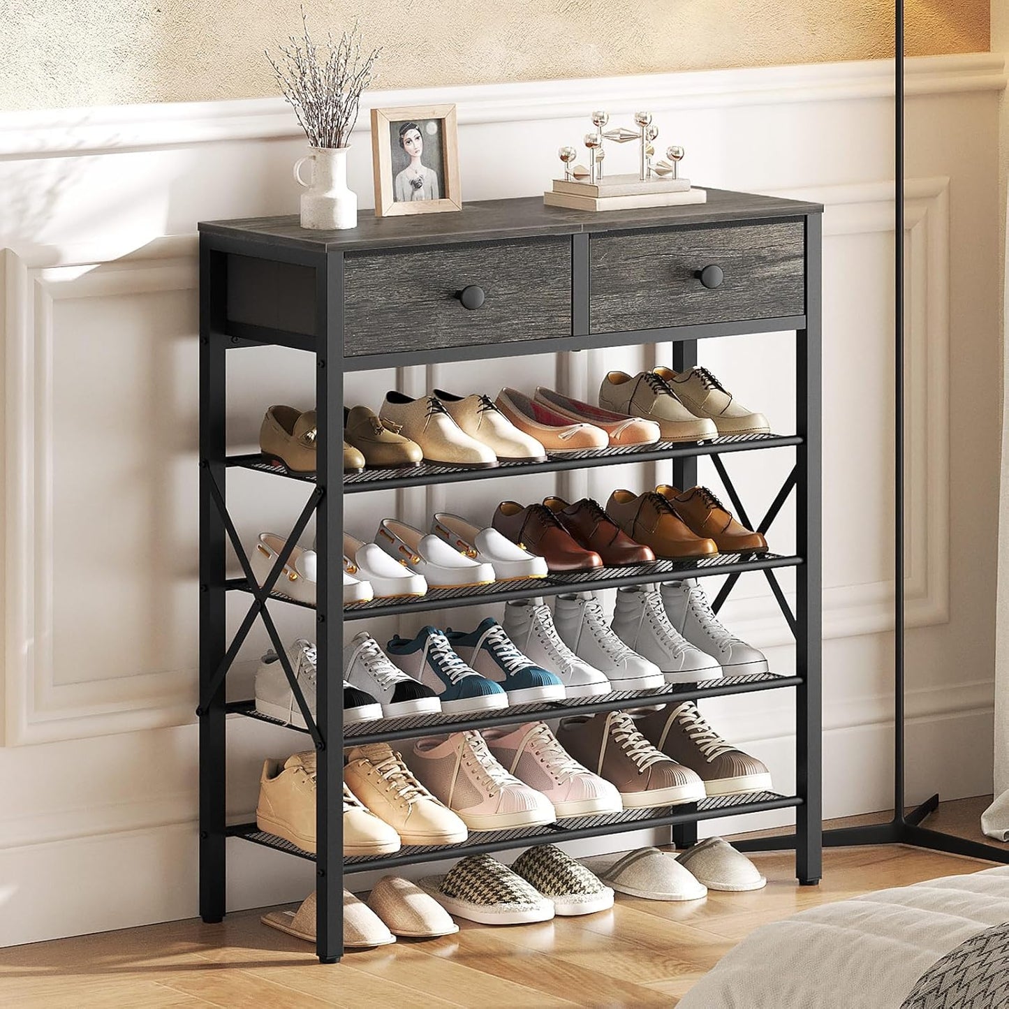 Schuhregal mit 5 Ebenen und 2 Stoffschubladen, 70,5 x 27,5 x 96 cm Anthrazitgrau + Schwarz