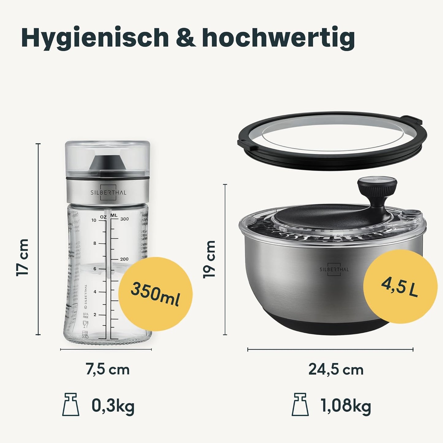 Salatschleuder-Set mit Dressingshaker (Edelstahl, 4,7 L), Geschenkset Salatschleuder + Dressingshaker