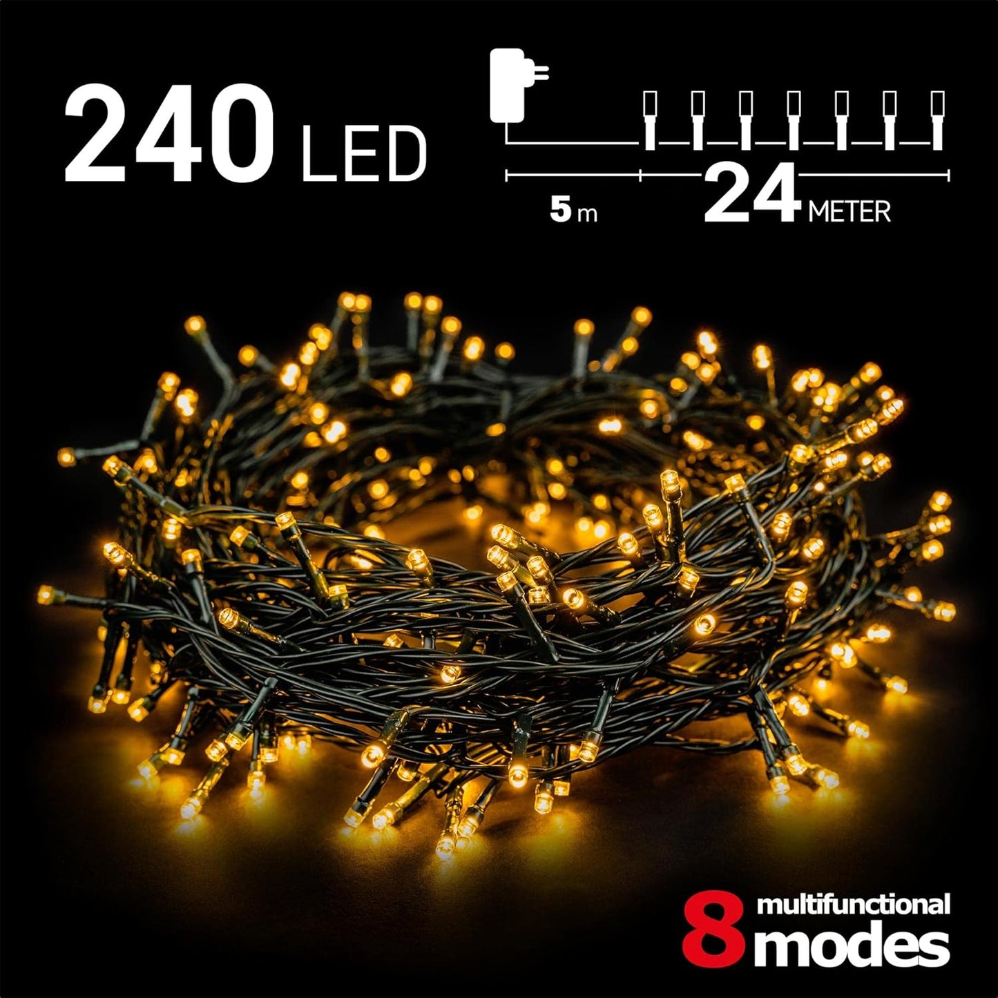 LED Lichterkette mit 8 Leuchtmodi, 24M / 240 LEDs
