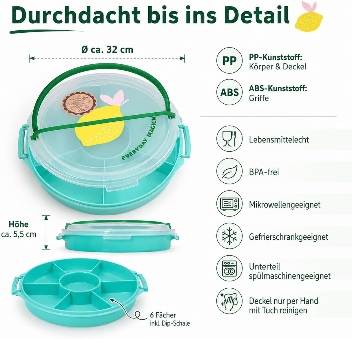 Snackbox mit Fächern und Deckel (Rund), Zitrone