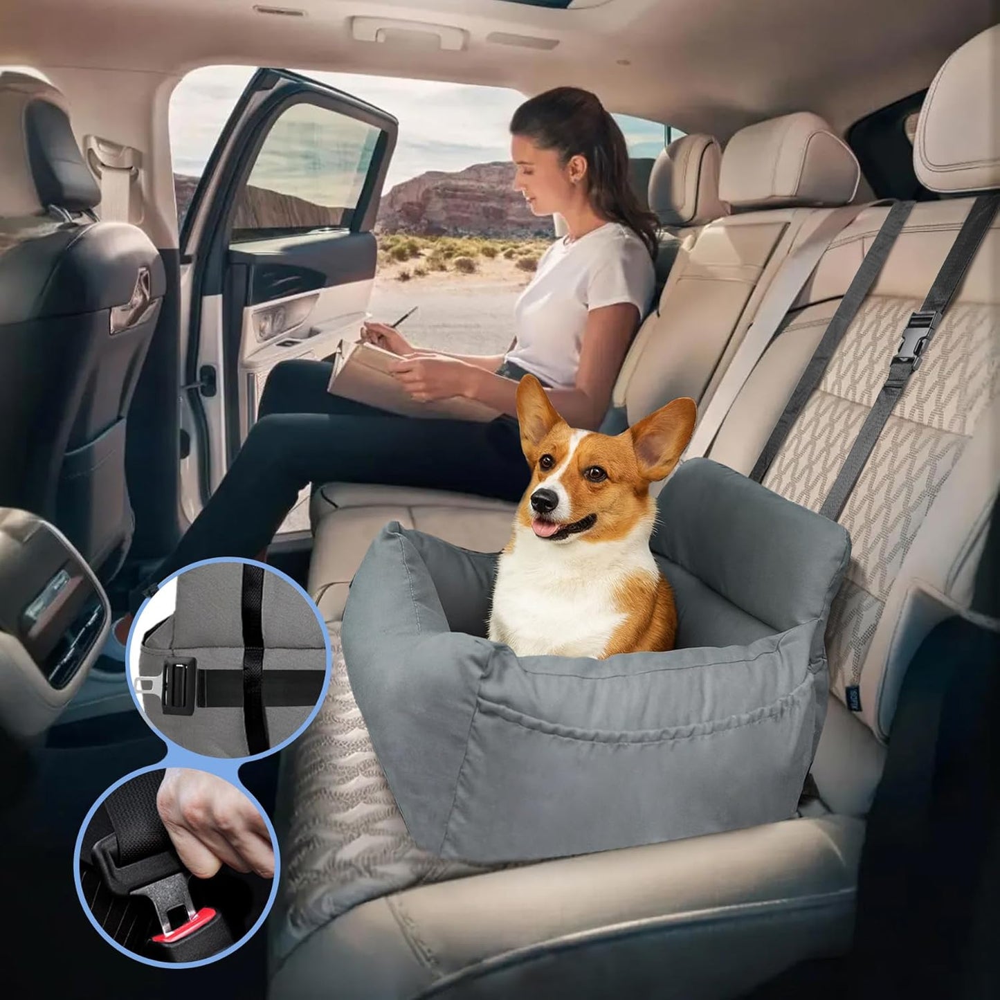 Hundeautositz mit Sicherheitsgurt, Grau-Grün
