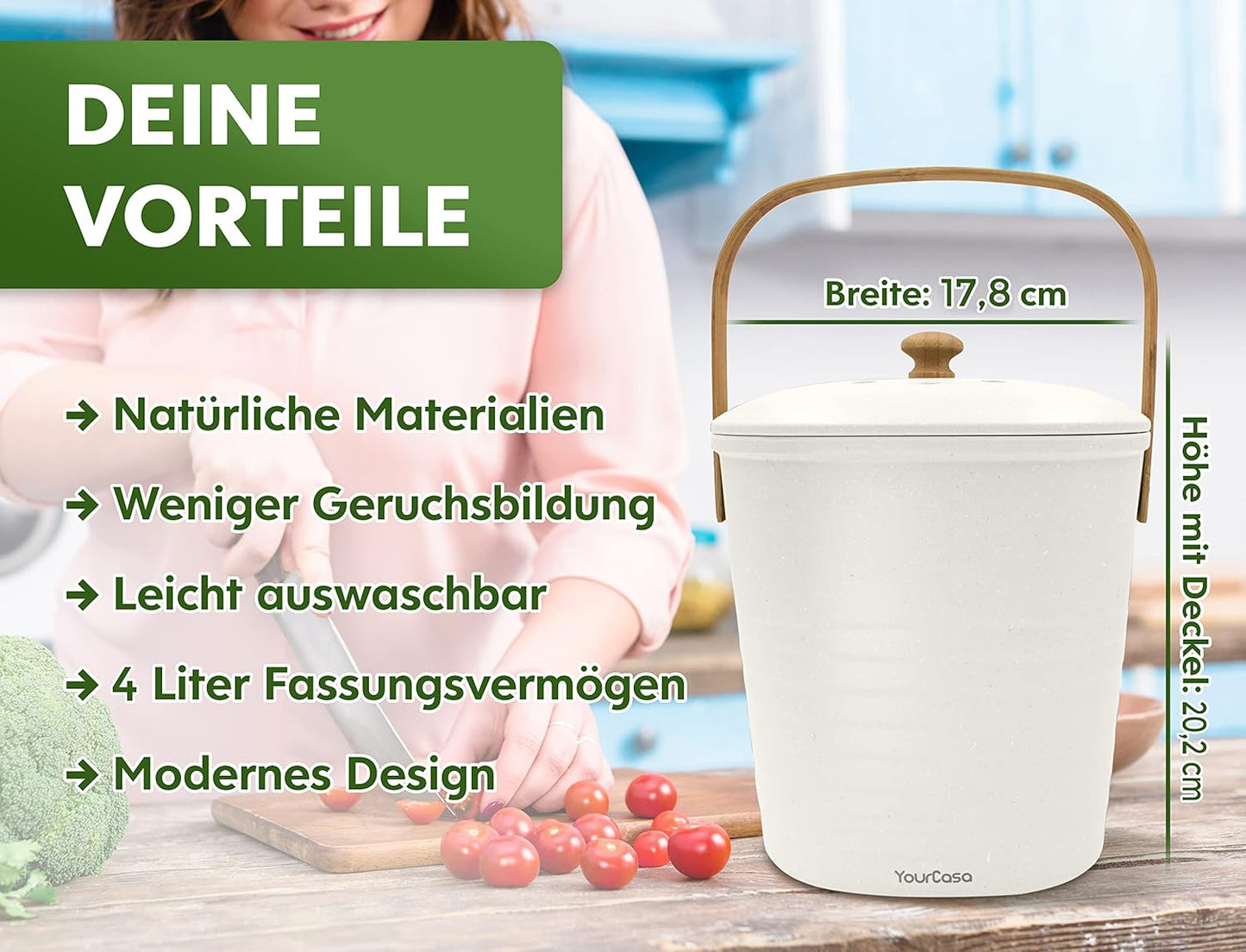 Komposteimer mit Aktivkohlefilter, 4L Weiss