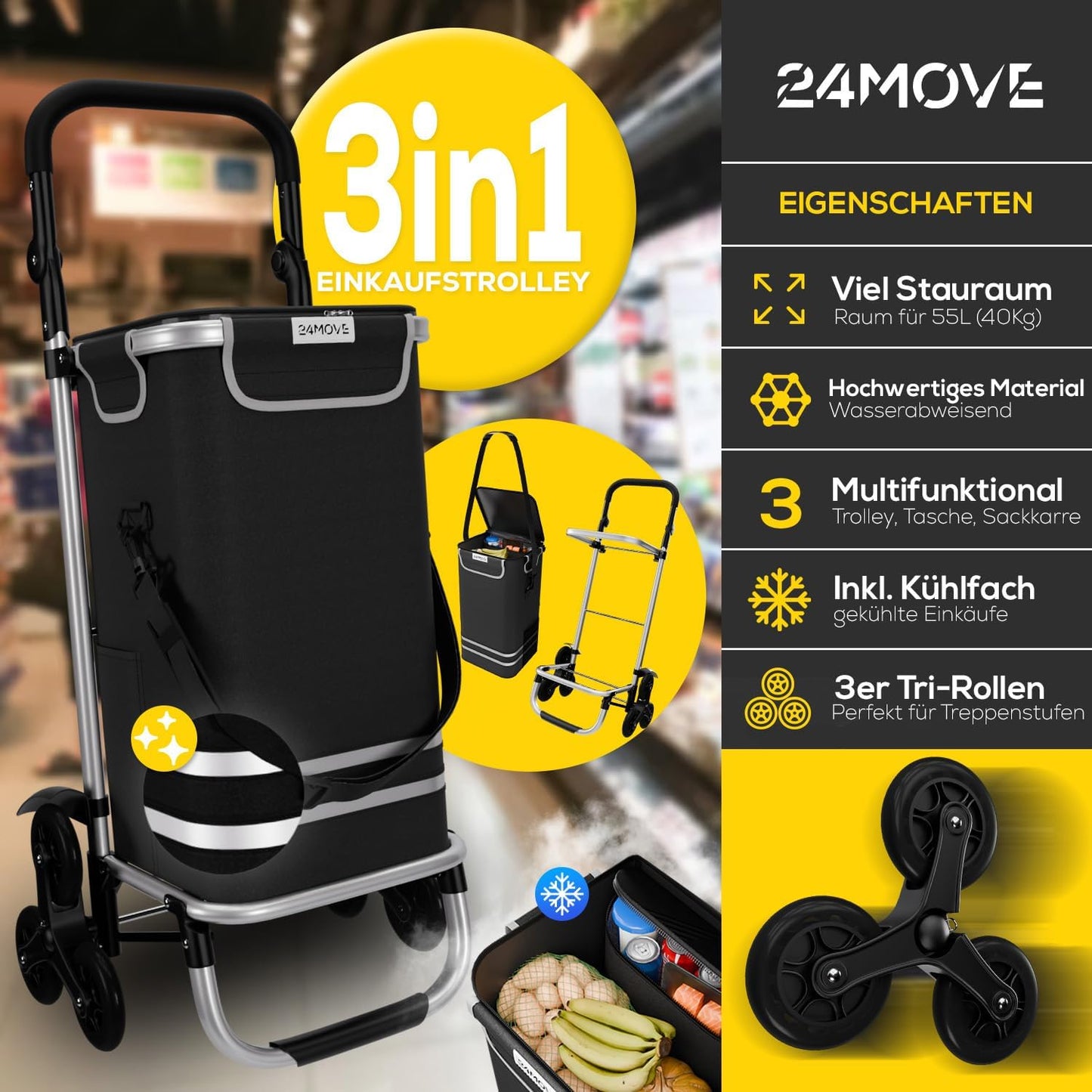Klappbarer Einkaufstrolley mit Kühlfach, Treppenrad Schwarz