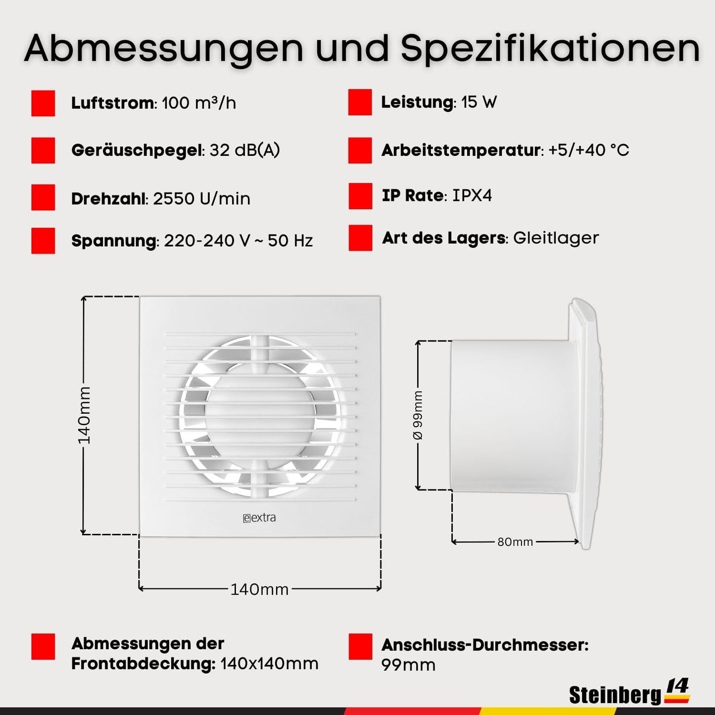 Badlüfter 100mm mit Feuchtigkeitssensor & Timer, Ø 100mm Weiss