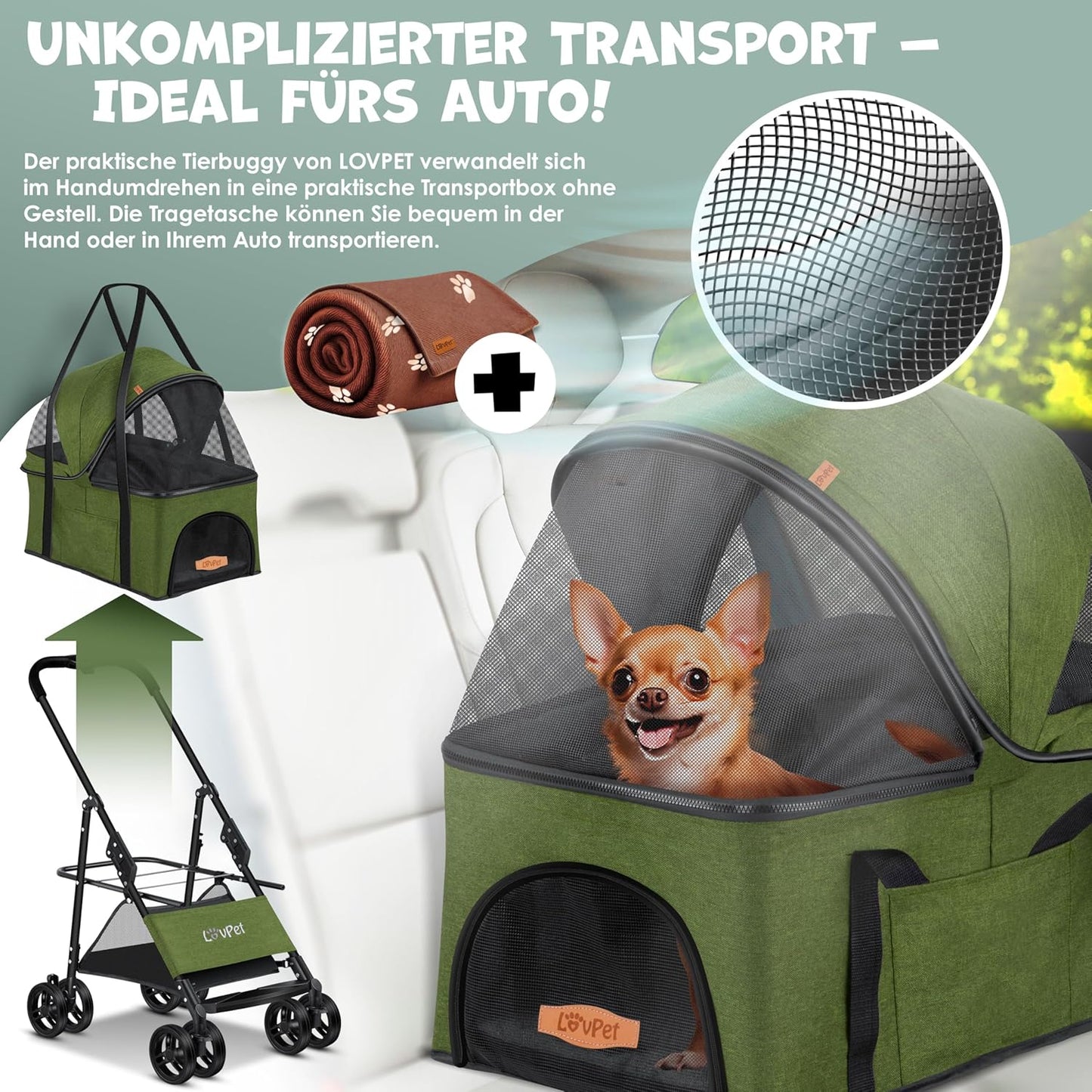 Hundewagen mit Transporttasche, Grün