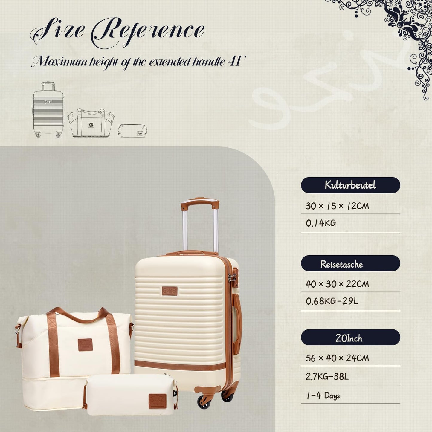 Kofferset mit Handgepäck & Reisetasche (3-tlg), Grau/Rosa Handgepäck-Set 3tlg