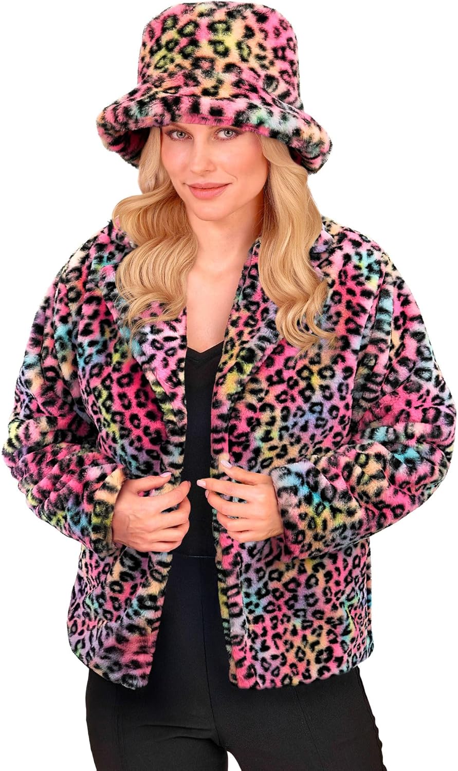 Bunte Animalier Plüschjacke, Bunt - Leopardenmuster L-XL